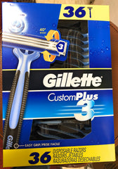 Gillette Custom Plus3 disposable razor box with 36-count bulk pack for everyday grooming.