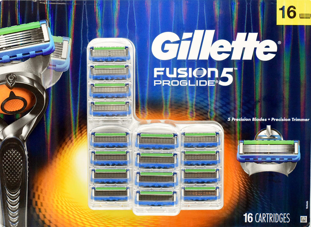 Gillette Fusion5 ProGlide refills 16-pack closeup highlights five blades for smoother shaves.