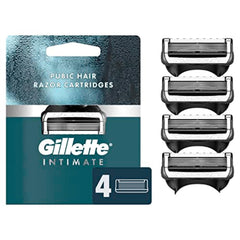 Gillette Intimate pubic razor cartridges package showing a 4-pack for gentle grooming