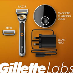 GilletteLabs wireless charging dock keeps the heated razor ready.
