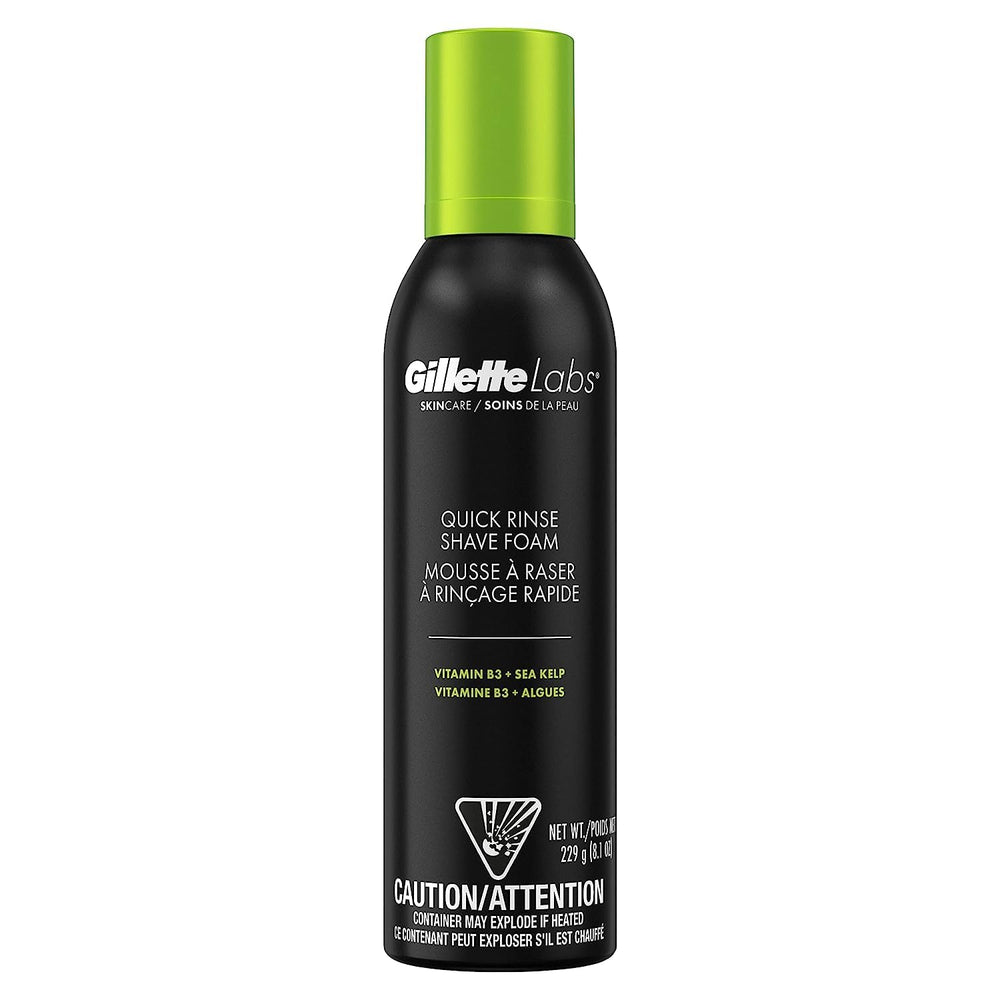 GilletteLabs Quick Rinse Foam bottle shows ultra-light formula for quick, smooth shaving