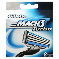 Gillette Mach 3 Turbo refill eight-count box highlights packaging and ready-to-use refills.