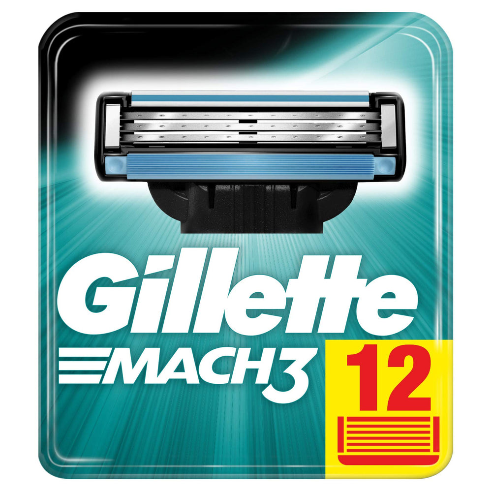Gillette Mach3 blades pack front for 12 blades delivering a close, comfortable shave