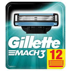 Gillette Mach3 blades pack front for 12 blades delivering a close, comfortable shave