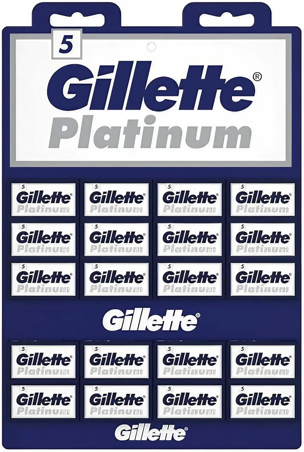 Gillette Platinum double-edge blades on display card for barbershop use and everyday shaving.
