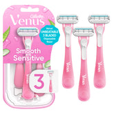 Gillette Venus front packaging showing three disposable razors and benefits