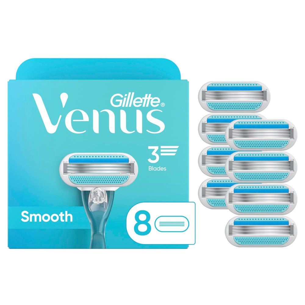 Gillette Venus Smooth razor refills eight-count pack for quick, comfortable shave.