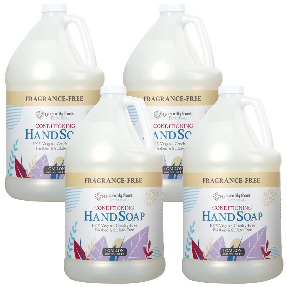 Ginger Lily Farms Botanicals hand soap bottle closeup showing fragrance-free cleansing for sensitive skin.