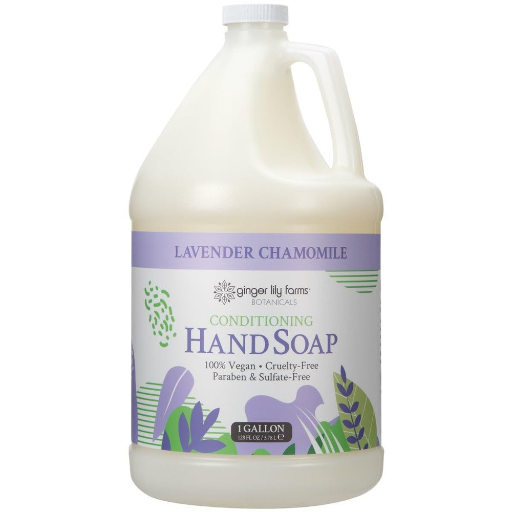 Ginger Lily Farms Botanicals hand soap lavender chamomile pour demonstrates a gentle, calming cleanse.