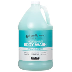 Ginger Lily Farms Club & Fitness body wash bottle pouring with silky post-workout lather.
