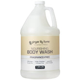 Ginger Lily Farms Club & Fitness body wash bottle shows fragrance-free formula for sensitive skin.