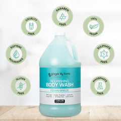 Ginger Lily Farms Club & Fitness body wash close-up shows creamy formula for refreshed skin.