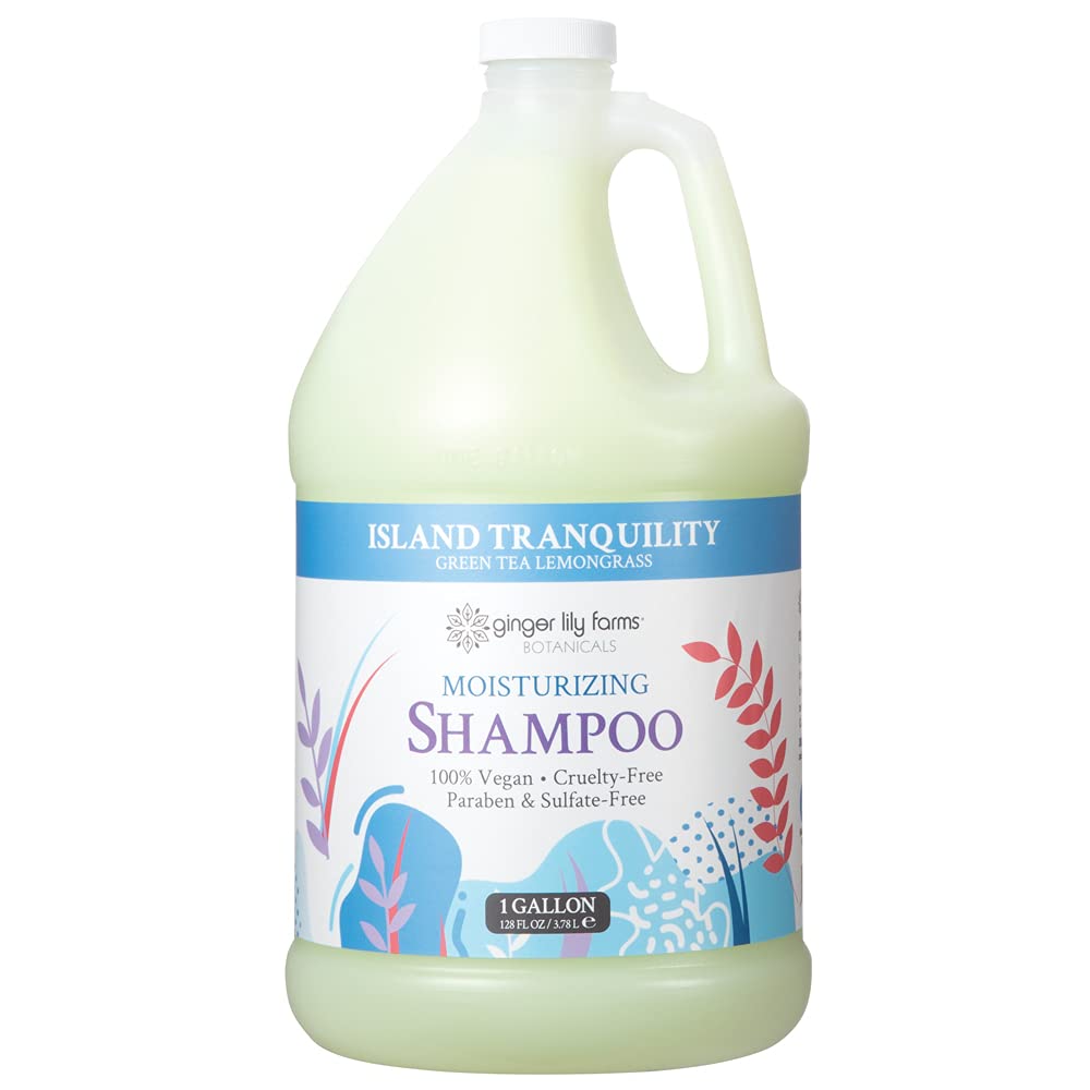 Ginger Lily Farms Island Tranquility shampoo bottle offers lasting moisture for all hair types.