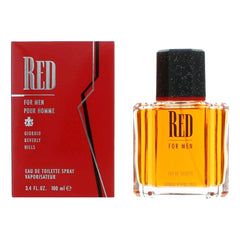 Red by Giorgio Beverly Hills for Men bottle showing an alluring evening fragrance for confident nights.