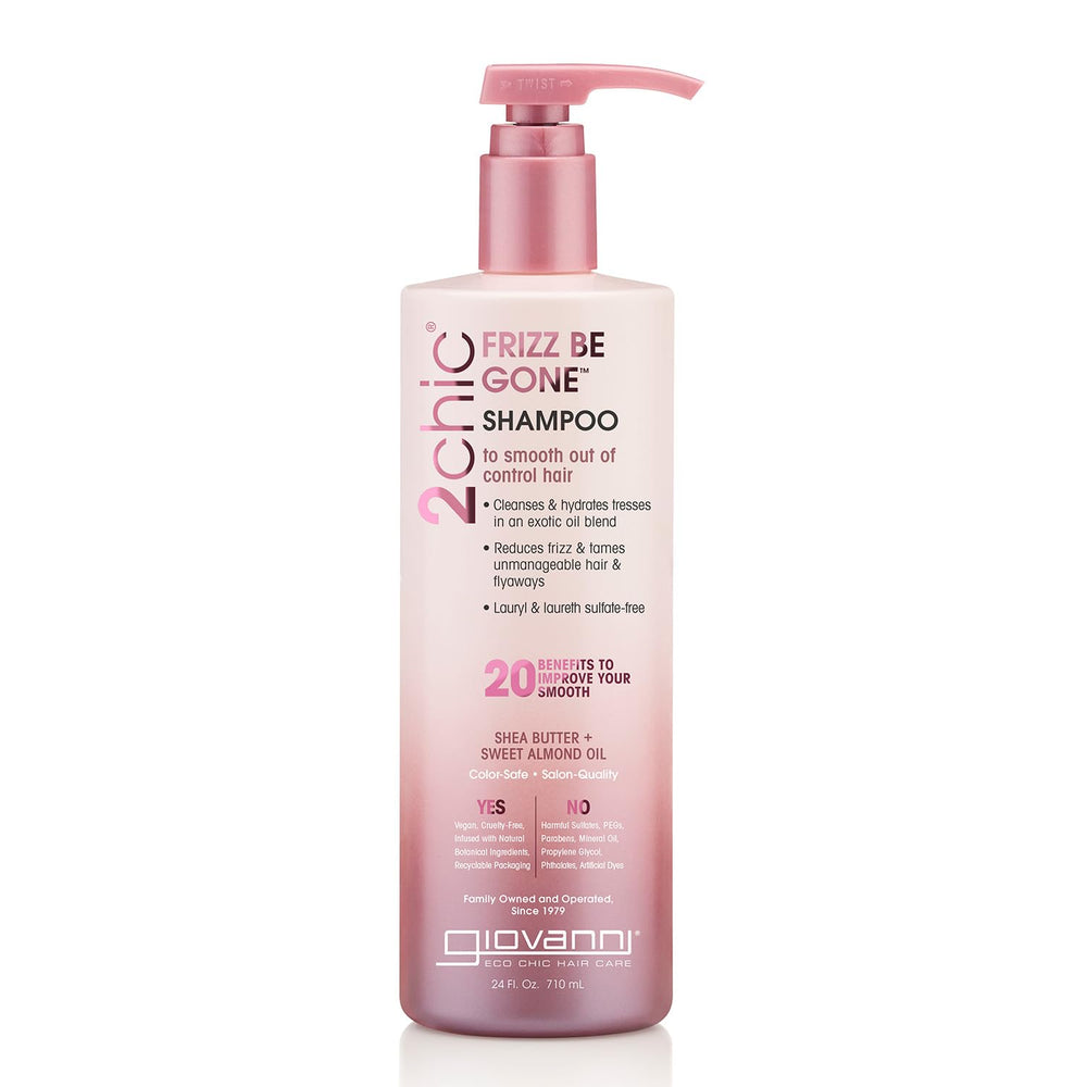 GIOVANNI 2chic Frizz Be Gone shampoo bottle shows color-safe smoothing for frizz-prone hair