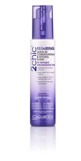 GIOVANNI 2chic Ultra Repairing Leave-In Elixir bottle shows detangling action and luminous shine.