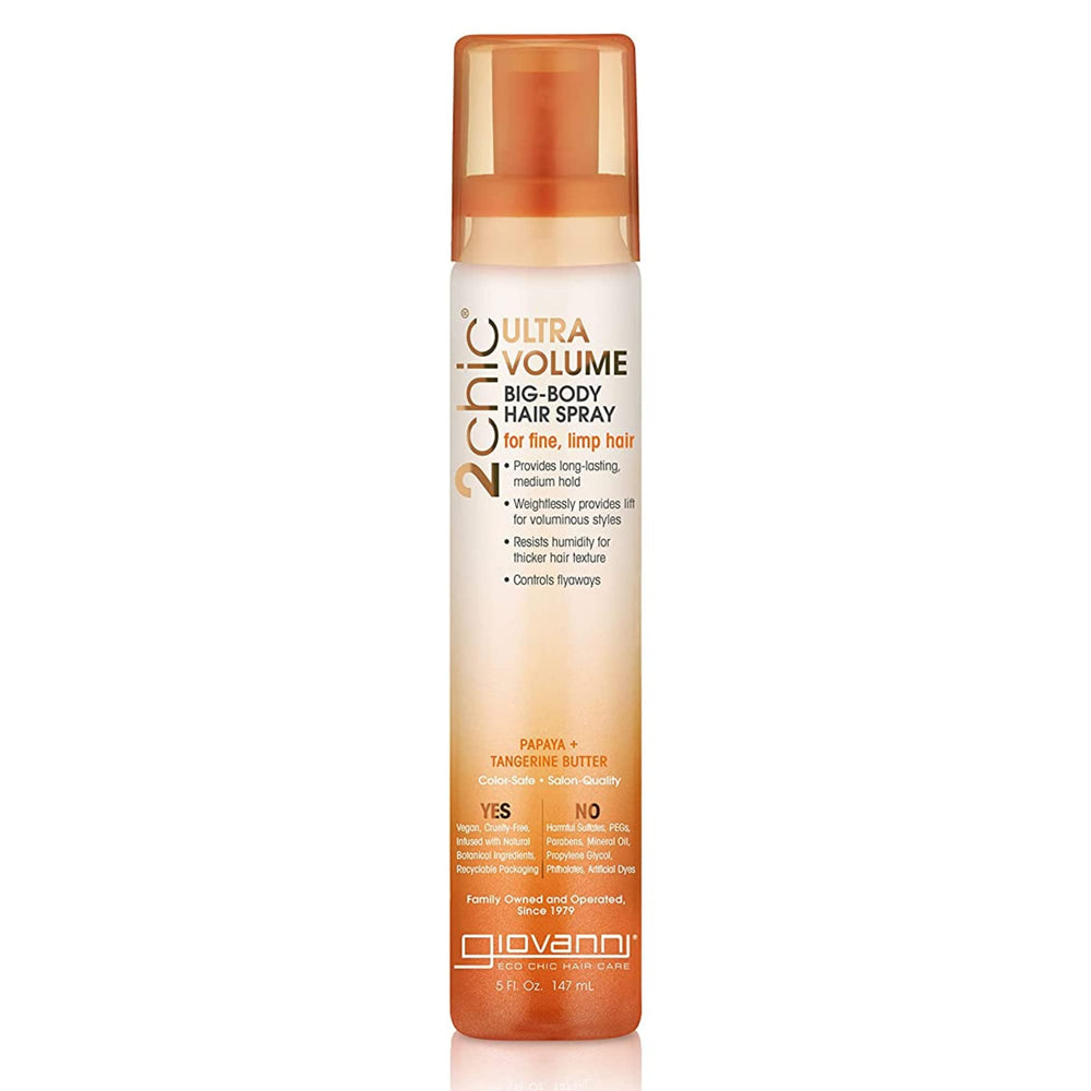 GIOVANNI 2chic Ultra-Volume Big Body Hair Spray bottle delivers weightless hold for fine hair.