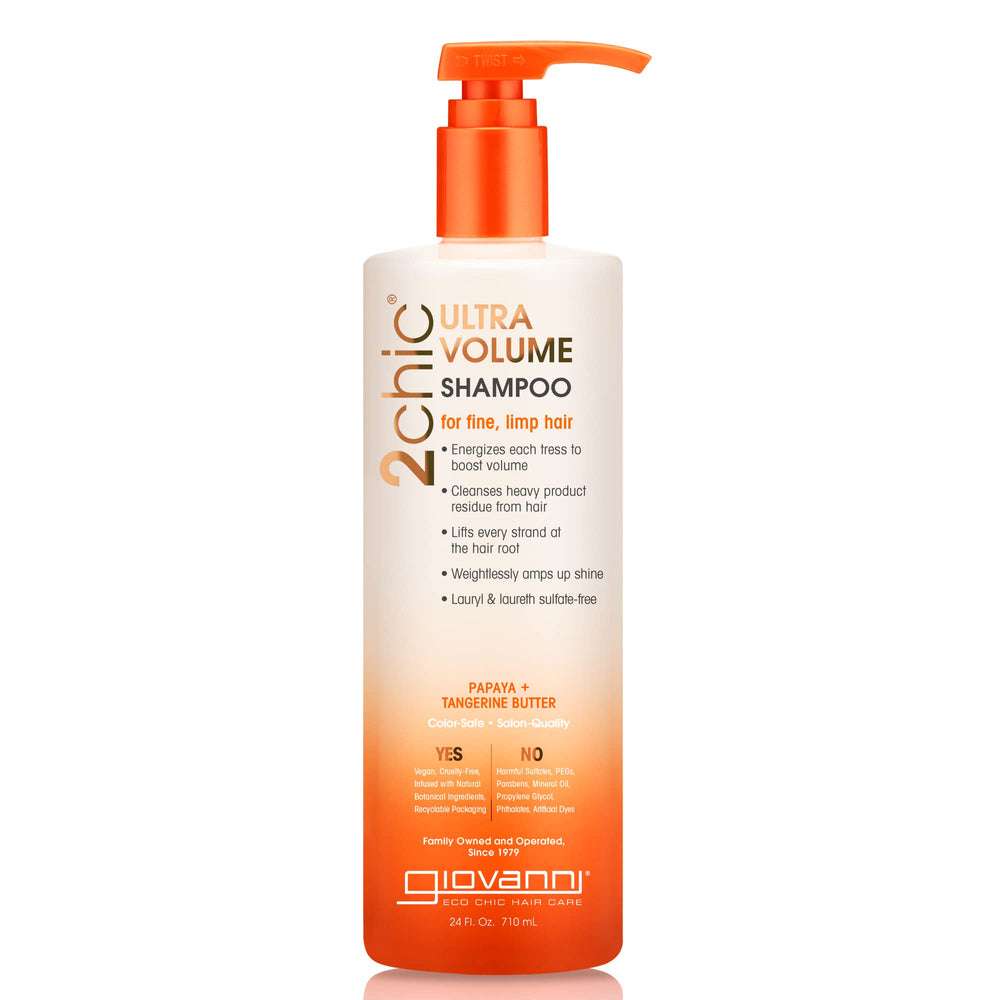 GIOVANNI 2chic Ultra-Volume Shampoo bottle highlights papaya-tangerine formula for lightweight volume