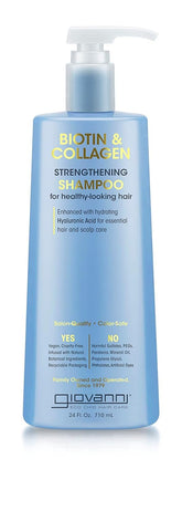 GIOVANNI Biotin & Collagen Shampoo bottle front highlights salon-quality care for stronger-looking strands.