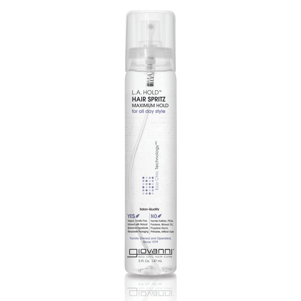 GIOVANNI L.A. Hold Hair Spritz bottle shows maximum hold with a controlled spray