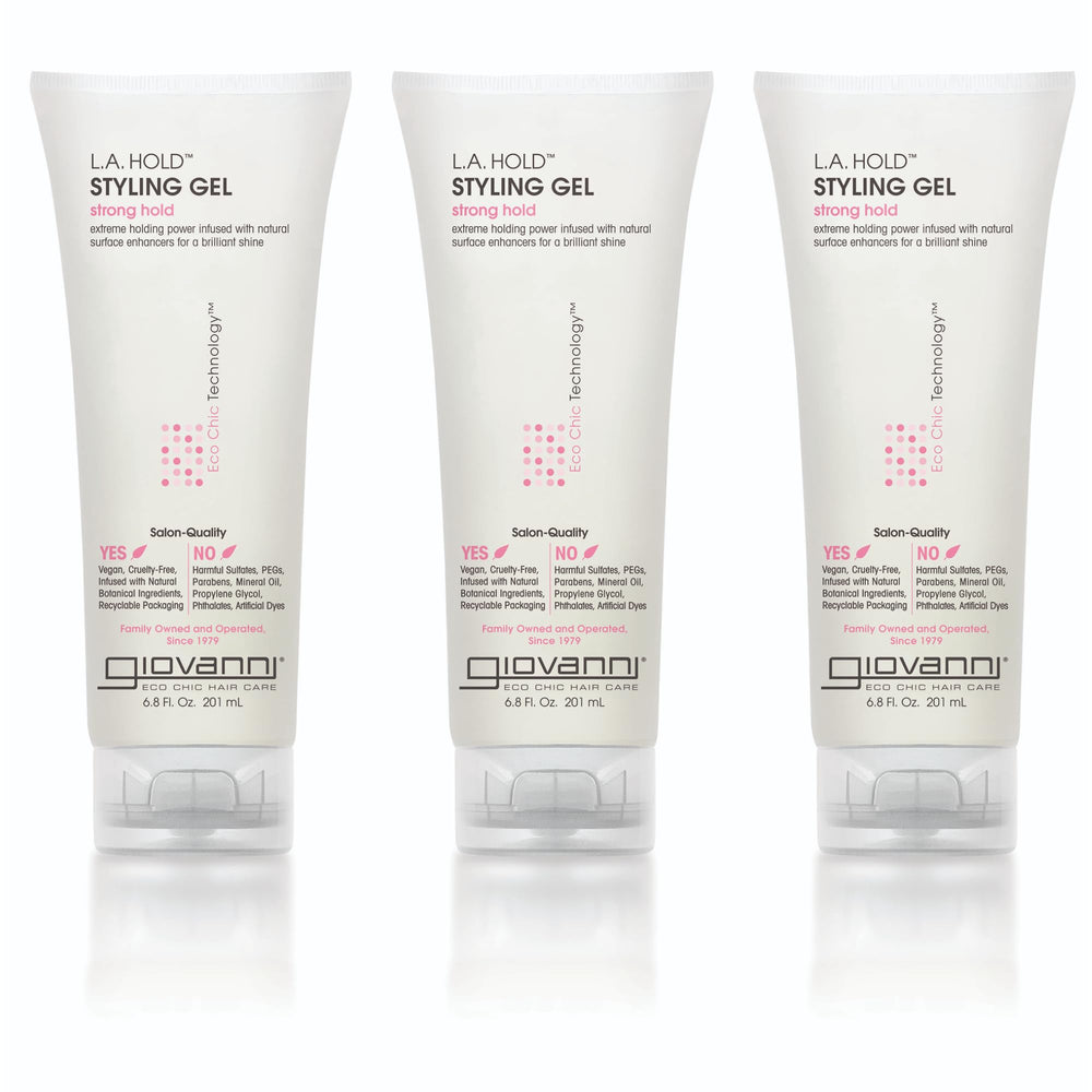 Giovanni LA Hold Gel bottle closeup showing strong hold for all hair types.