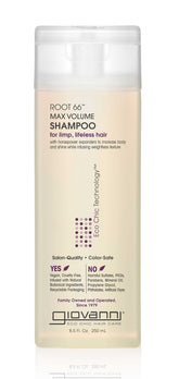 Giovanni Root 66 Max Volume Shampoo bottle closeup highlighting design for boosted volume