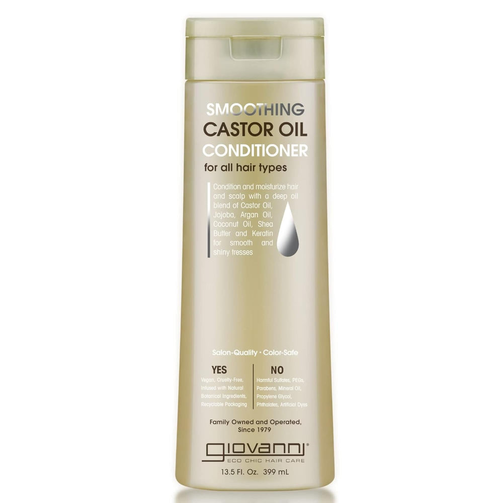 Giovanni smoothing castor oil conditioner bottle highlights frizz control and shine