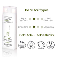 GIOVANNI Tea Tree Triple Treat conditioner label closeup with vegan and cruelty-free cues