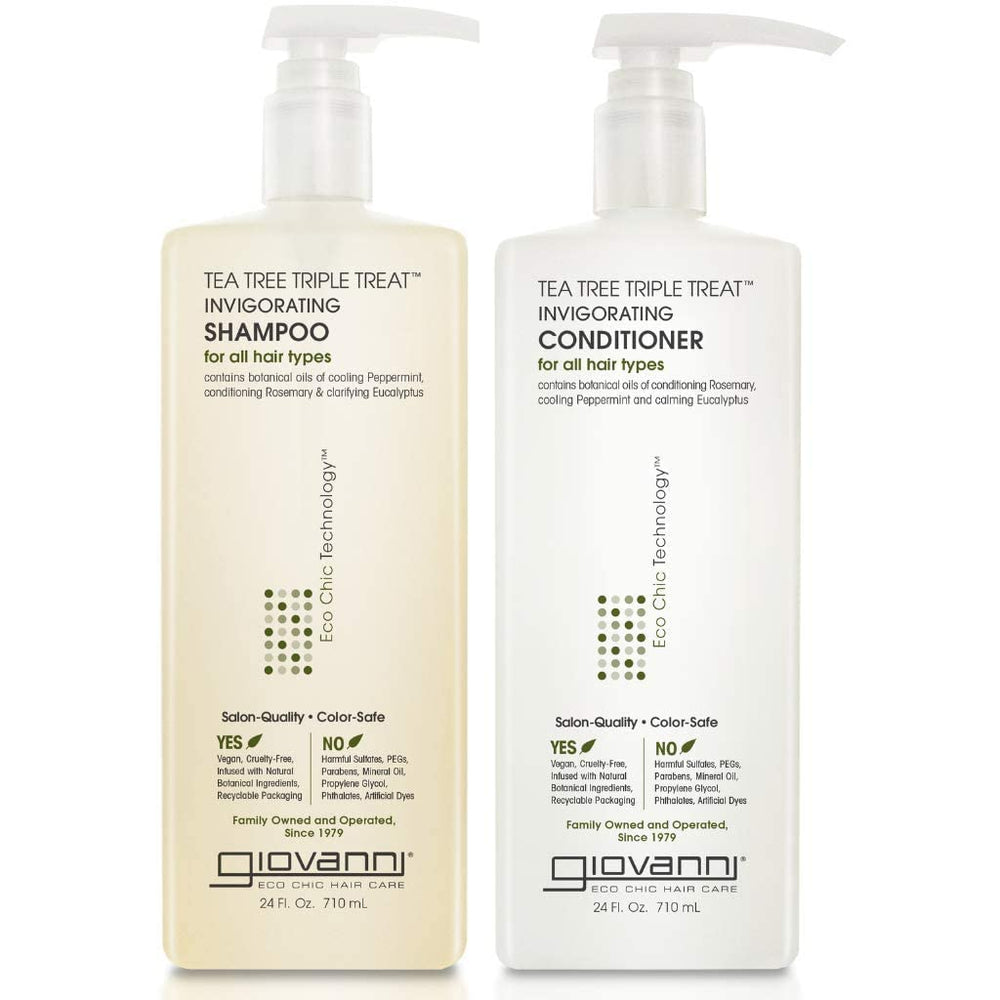 GIOVANNI Tea Tree Triple Treat shampoo bottle close-up for refreshing scalp cleansing.