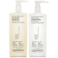 GIOVANNI Tea Tree Triple Treat shampoo bottle close-up for refreshing scalp cleansing.