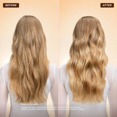 Gisou Honey Gloss conditioner texture close-up emphasizes creamy, smooth glide through hair