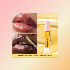 Gisou Honey Infused Lip Oil on lips delivers ultra-glossy finish with comfortable wear.