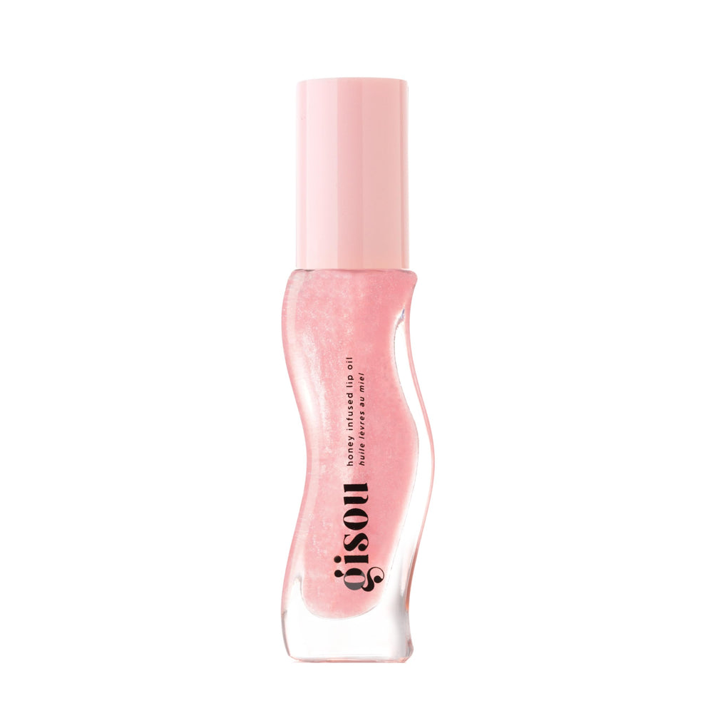 Gisou Honey Infused Lip Oil Watermelon Sugar bottle closeup for glossy hydration.