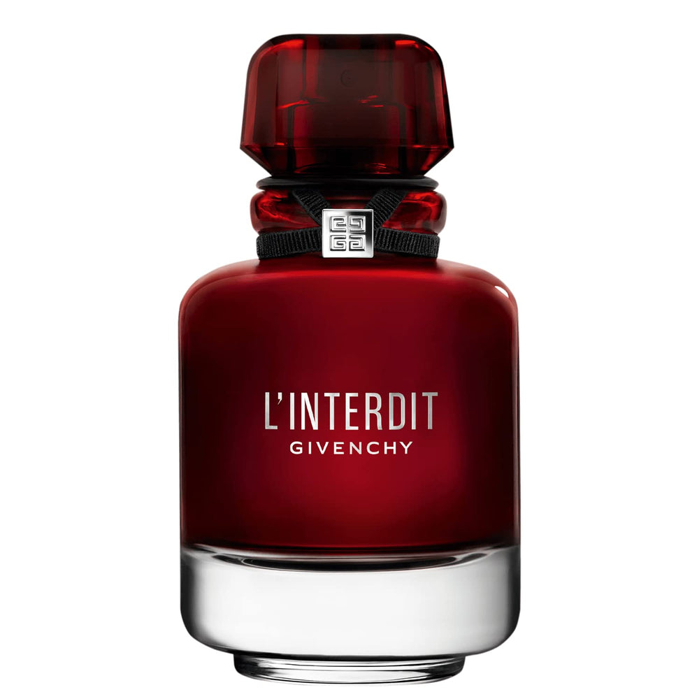 Givenchy L’Interdit Rouge bottle front view signals luxury and confident style.