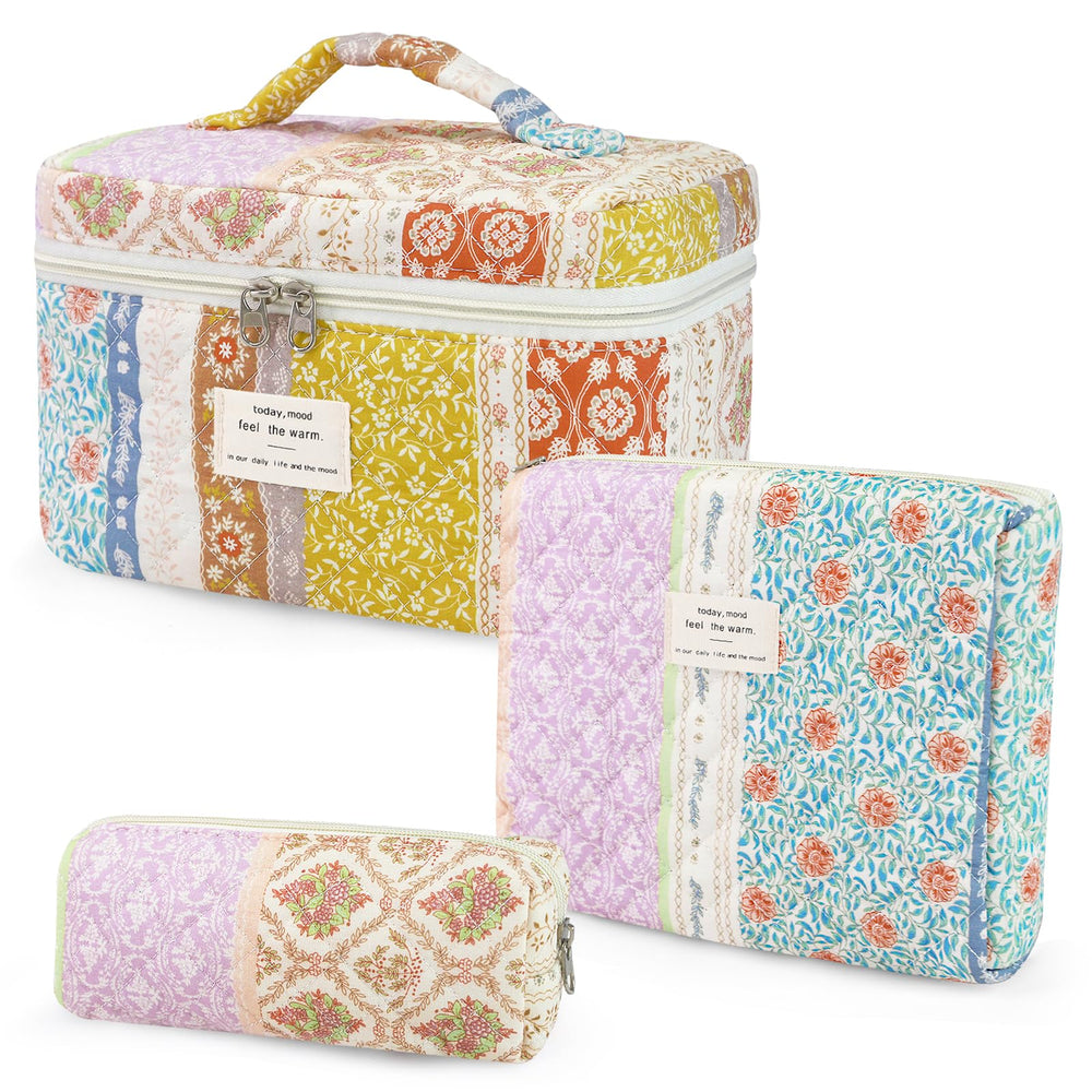 Givurao cotton quilted makeup bag with floral front view, durable travel storage