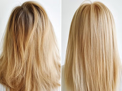 GK Hair Blonde hair before and after smoothing effect.