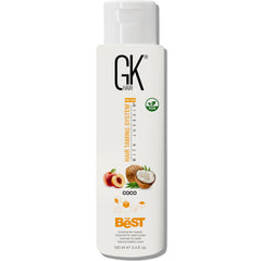 GK Hair Global Keratin COCO bottle shows smoothing formula for salon-grade results.