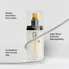 GK HAIR heat protectant spray demonstrates lightweight coverage before styling sessions.