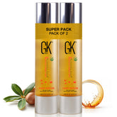 GK HAIR Oil bottle front with argan serum for shiny, frizz-free hair.