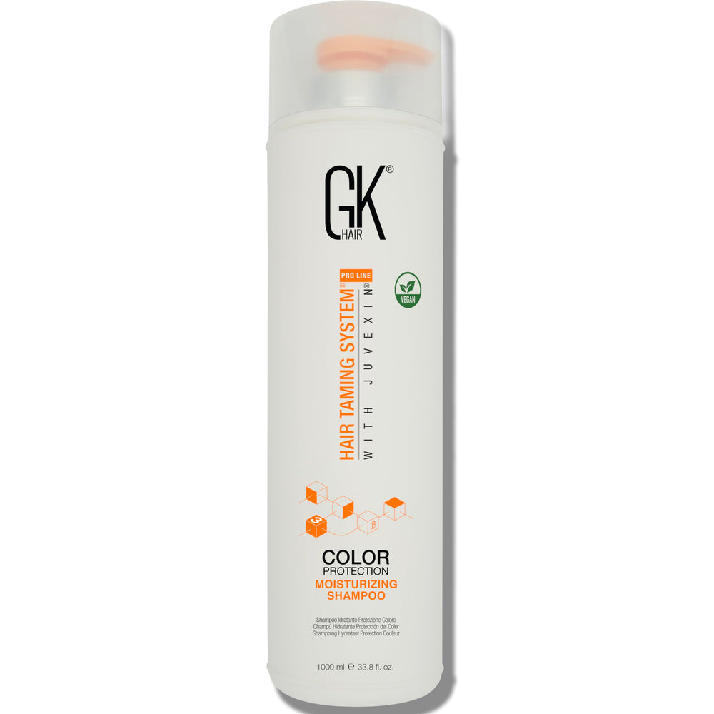GK Hair sulfate-free moisturizing shampoo bottle promotes daily hydration and color protection.
