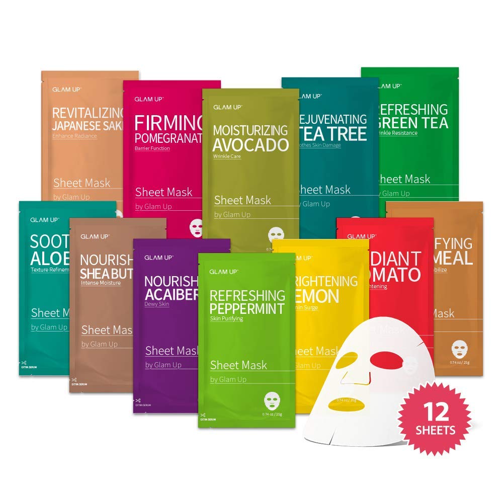 GLAM UP Korean Sheet Mask 12-pack gift set packaging shows vibrant holiday branding and great gifting value.
