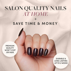Glamnetic Bark Brown nails close-up with glossy finish, evoking earthy sophistication.