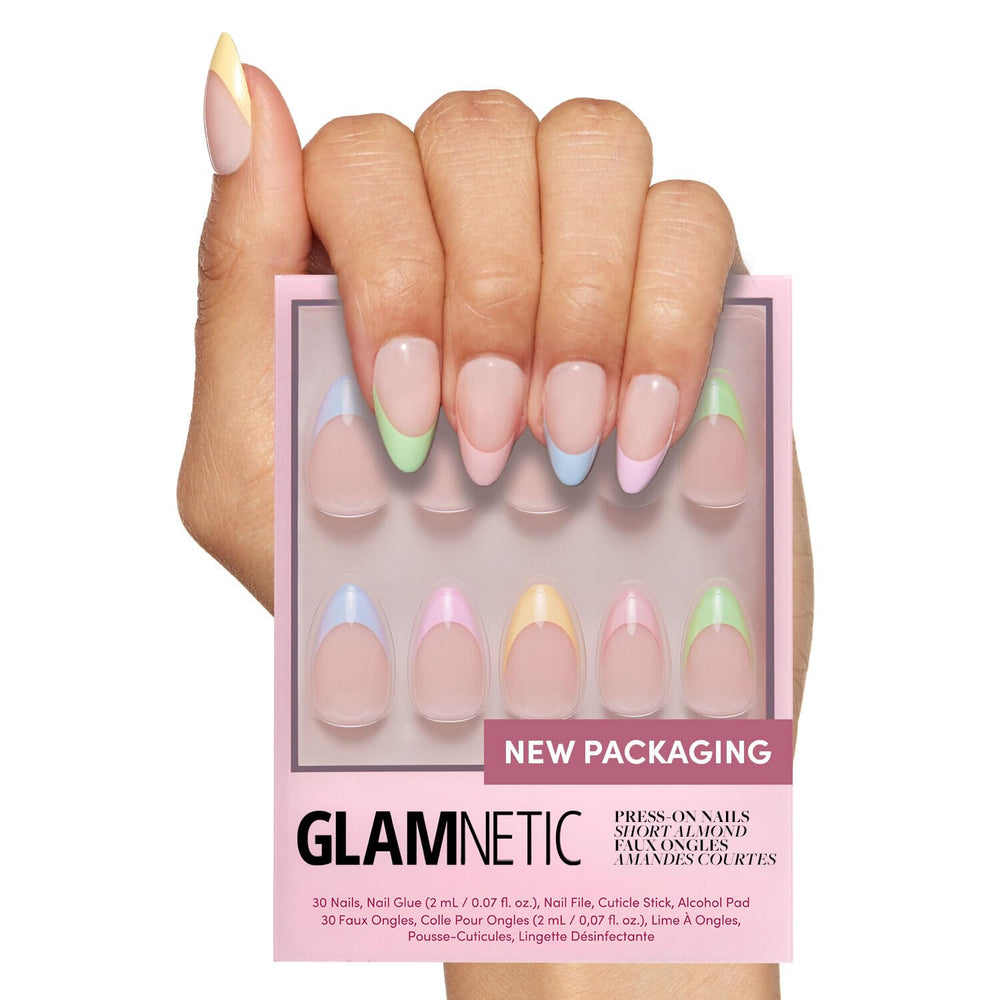 Glamnetic Confetti semi-transparent base nails with pastel tips for a chic, salon-quality manicure with long wear.