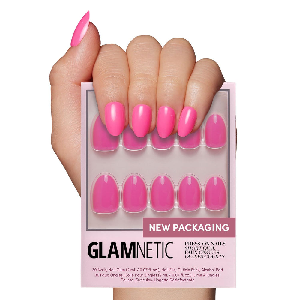 Glamnetic hot pink nails in short oval shape offering long-lasting wear.