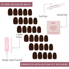 Glamnetic nail glue and tools included, enabling secure application and easy at-home use.