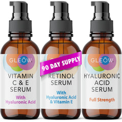 GLEOW total package serum set bottle close-up showing hydration and glow potential