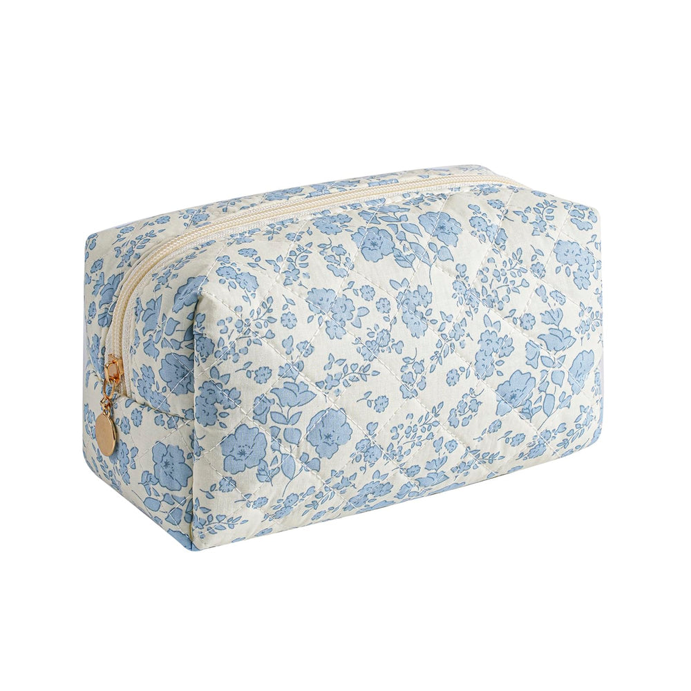Gleyemor small quilted makeup bag in blue floral, front view, ideal for organizing essentials.