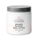 Glimmer Goddess whipped body butter front jar shows rich hydration for dry skin.