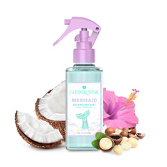 Glimmer Wish Mermaid Hair Detangler Bottle shows smooth, tangle-free hair after swimming.