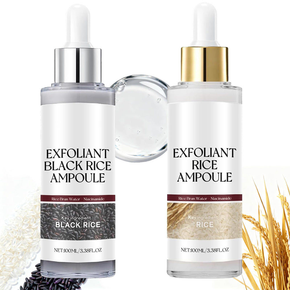 Gliowia Glow Rice Ampoule Duo packshot with white and black bottles for a luminous exfoliation routine.
